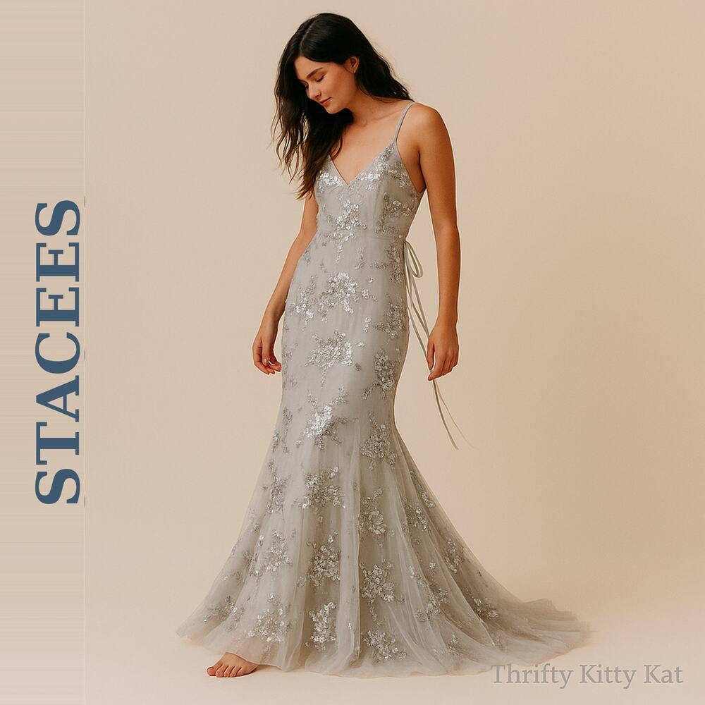 Stacees Mermaid Sequin Gown Court Train Silver Glam Prom Wedding Custom Size NWT